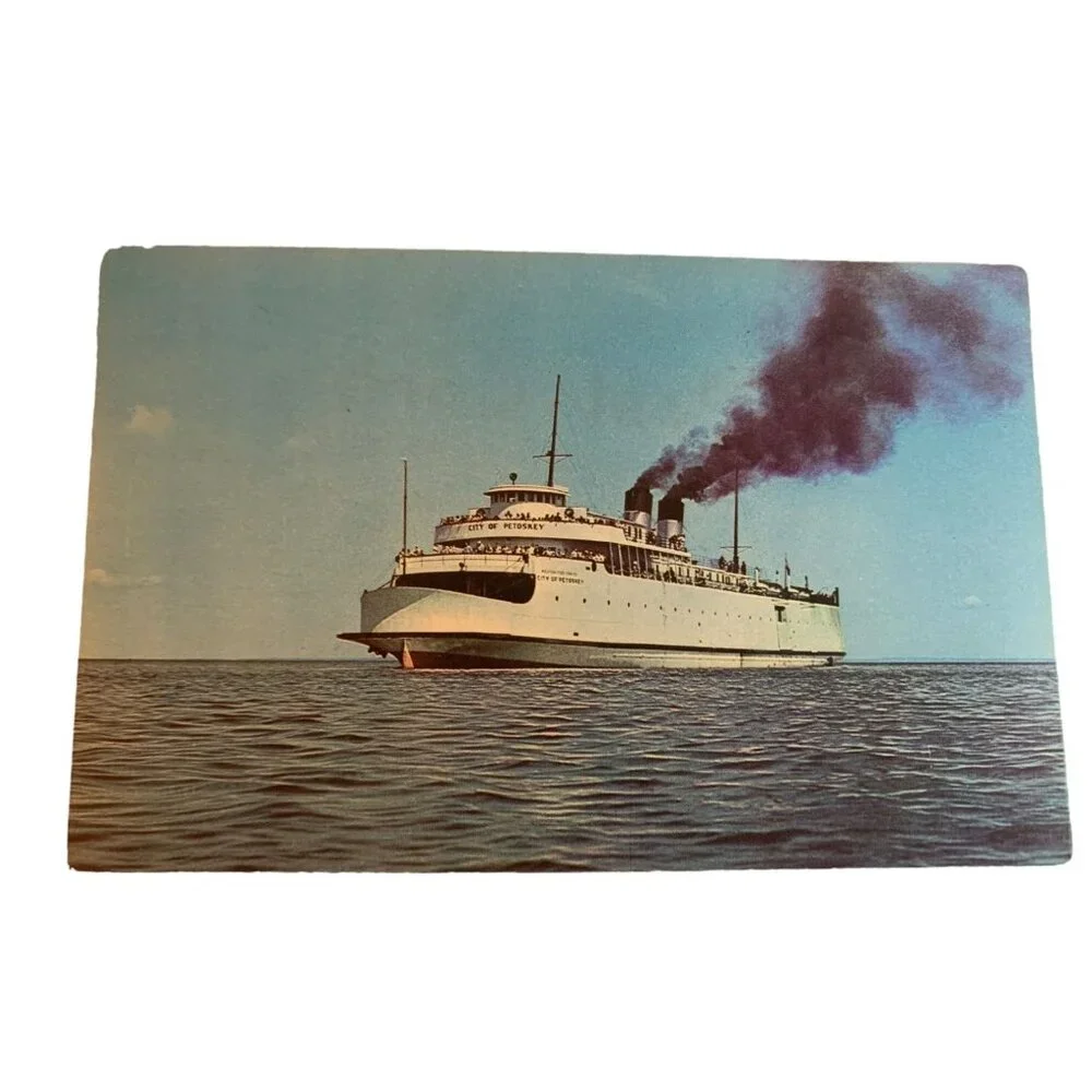 Vintage 1950 City of Petoskey Steamer Postcard Mackinac MI